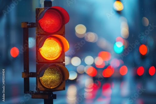 A city crossing with a semaphore. Red and yellow light in semaphore on bokeh street background photo