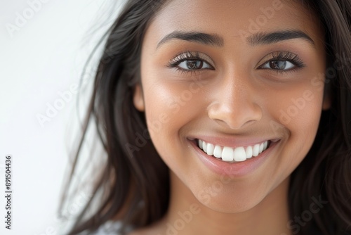 A close-up portrait of a stunning young Asian-Indian woman, smiling with pristine teeth. Dental advertisement