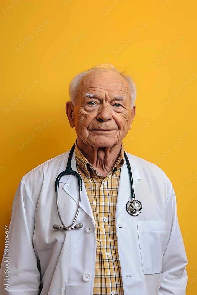 Elder doctor with stethoscope, bright yellow wall, experienced and kind Elder doctor with stethoscope, bright yellow wall, experienced and kind