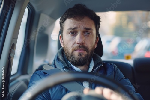 A confused portrait man is driving a car