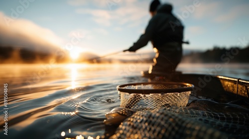 Fisherman working diligently with his net on a calm lake at sunrise, capturing the peaceful yet hardworking essence of early morning fishing activities. photo