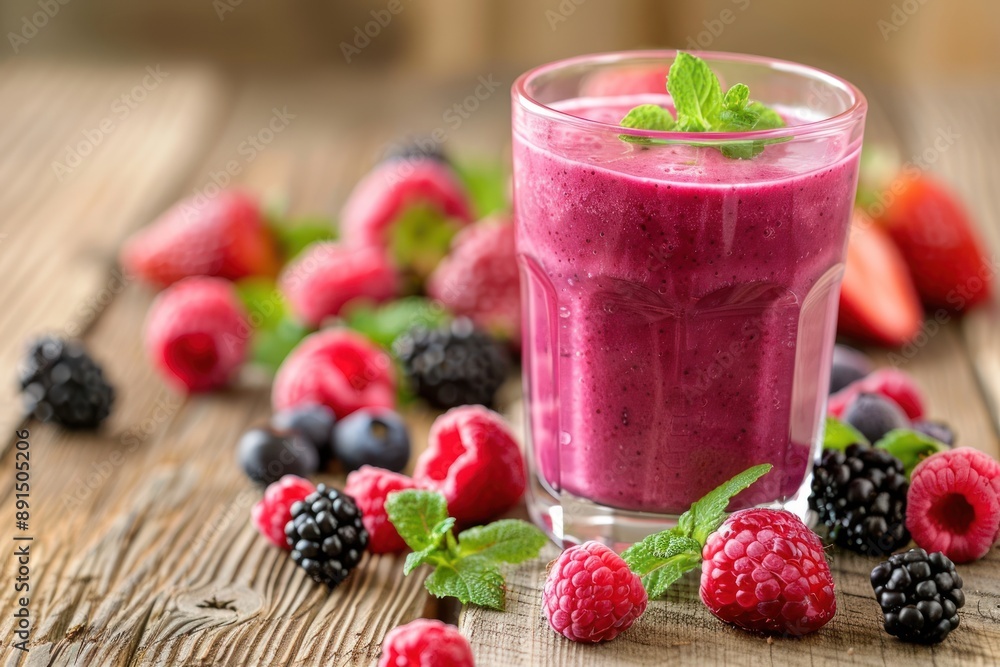 A glass of berry smoothie on the table A glass of berry smoothie on the table