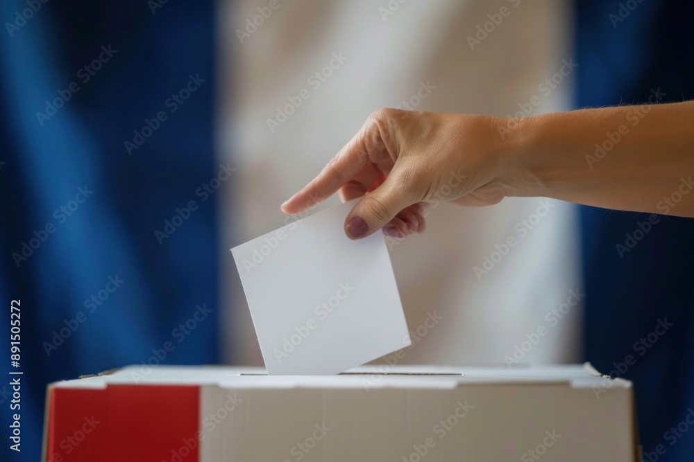A hand casting a ballot with a blurred France flag in the background A hand casting a ballot with a blurred France flag in the background
