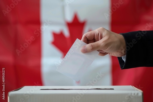 A hand casting a ballot with a blurred Canadian flag in the background