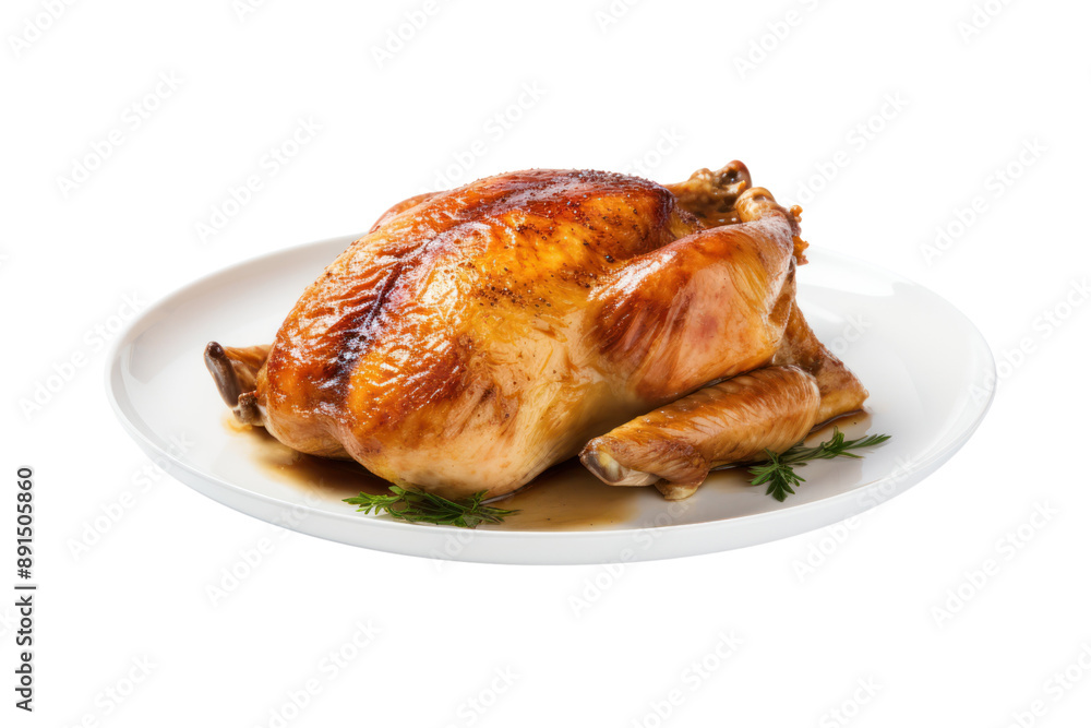 A perfectly roasted chicken with golden crispy skin, arranged on a white ceramic plate against a plain white background. A perfectly roasted chicken with golden crispy skin, arranged on a white ceramic plate against a plain white background.