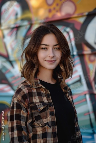 A beautiful young woman with shoulder-length brown hair stands in front of the background of graffiti art on walls, wearing a black T-shirt and plaid shirt jacket, smiling at the camera. The photograp