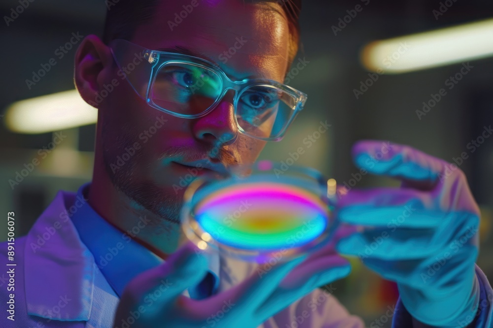 A scientist is holding a petri dish with a colorful microorganisms substance in it A scientist is holding a petri dish with a colorful microorganisms substance in it