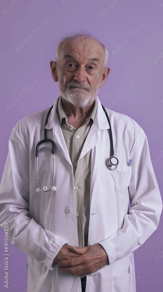 Elderly doctor in white coat, stethoscope around neck, solid lavender background, wise and experienced Elderly doctor in white coat, stethoscope around neck, solid lavender background, wise and experienced