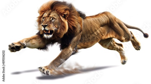 Photorealistic Lion with Bushy Mane Leaping Toward the Viewer, Showing Detailed Fur, Claws Out, and a Fierce Expression Against a White Background photo