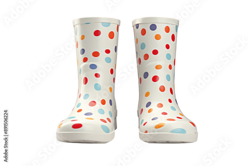 pair of stylish rain boots with fun patterns for rainy days, isolated on white background