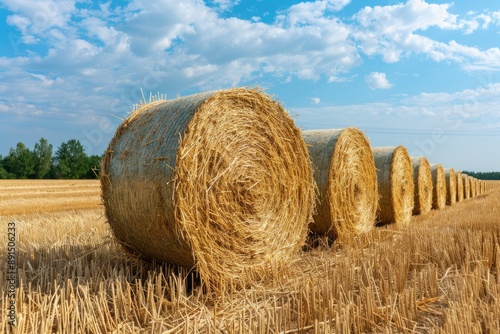 A field of golden wheat with a few bundles of straw in the foreground