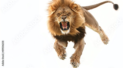 Photorealistic Lion with Bushy Mane Leaping Toward the Viewer, Showing Detailed Fur, Claws Out, and a Fierce Expression Against a White Background