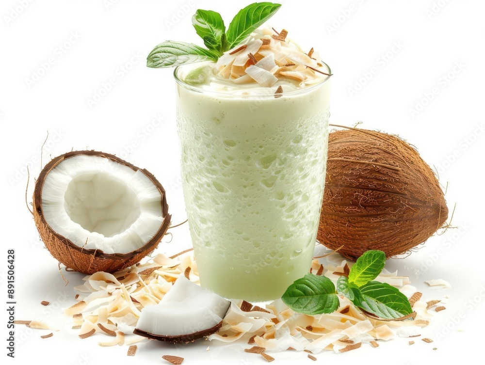 Refreshing coconut smoothie garnished with mint leaves and coconut shavings, surrounded by fresh coconuts and coconut shreds. Refreshing coconut smoothie garnished with mint leaves and coconut shavings, surrounded by fresh coconuts and coconut shreds.