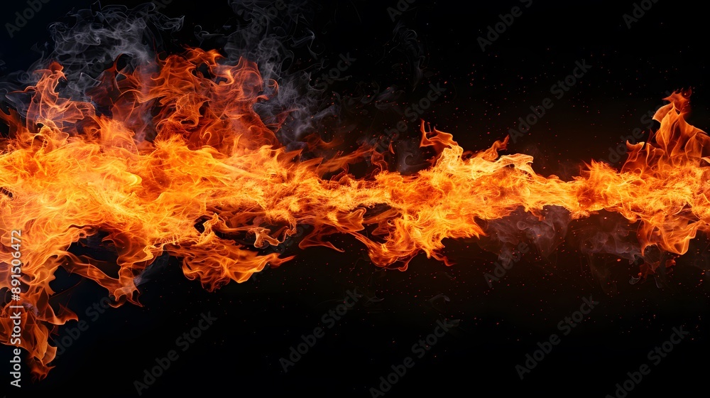 Fire burning on black background, flames and smoke in the air. Fire burning on black background, flames and smoke in the air.