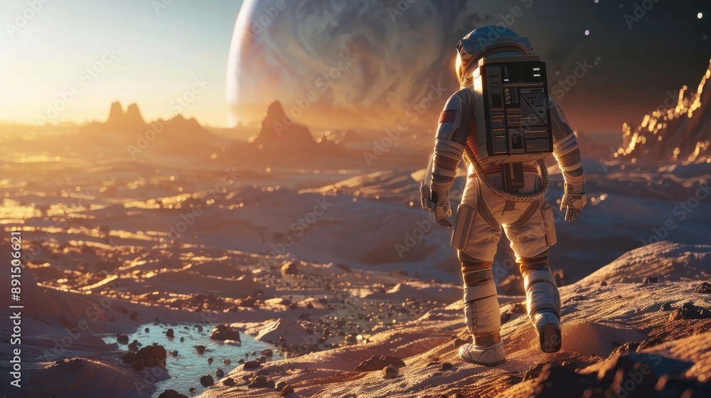 Fototapeta premium Astronaut exploring an exoplanet. Sci-fi colonist in spacesuit walks on the surface of another planet. People in space. Galactic travel and science concept.