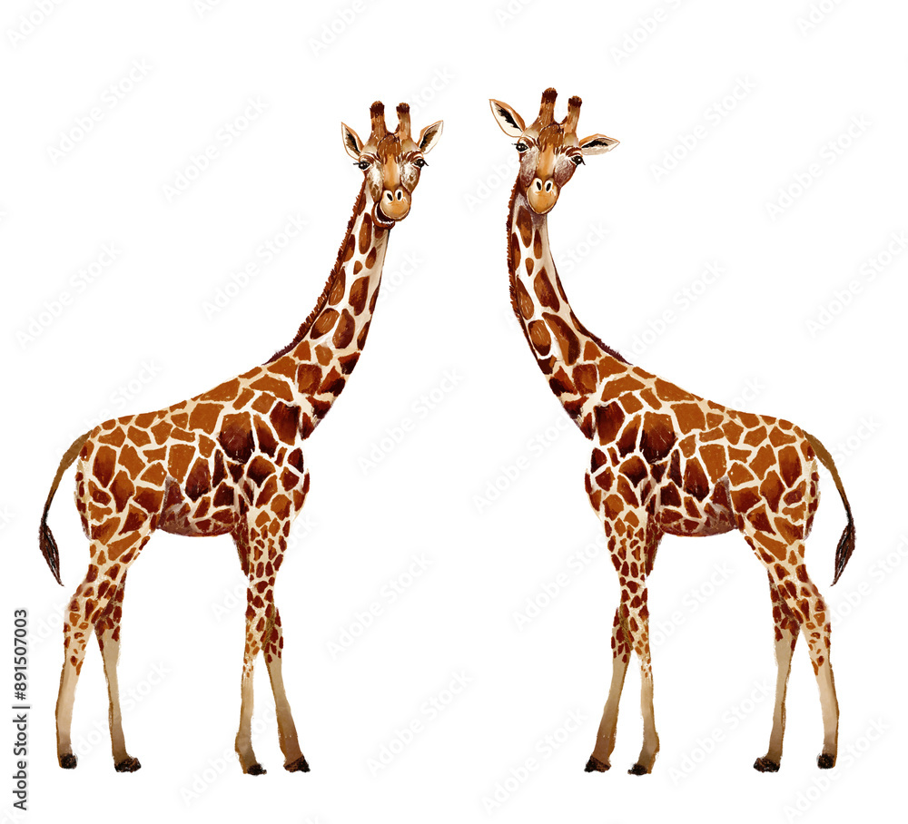 Fototapeta premium Two giraffe cute hand drawn isolated on transparent background zoo cutout wild mammal clipart