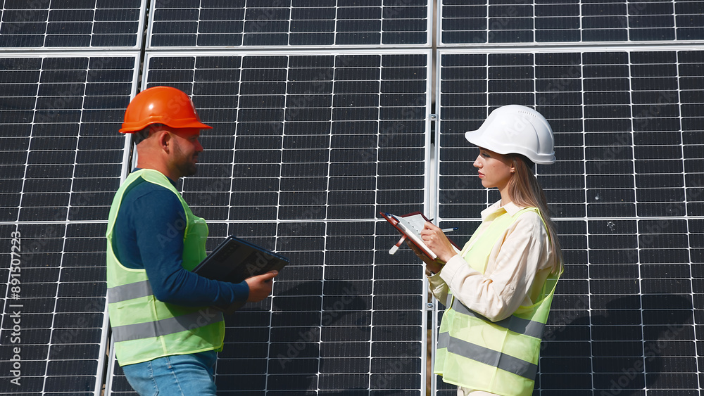 A man and a woman in hard hats discuss work tasks near solar panels on the street. Female environmental engineer talking to investor. Green electricity concept. A man and a woman in hard hats discuss work tasks near solar panels on the street. Female environmental engineer talking to investor. Green electricity concept.
