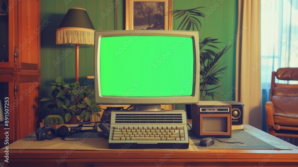Fototapeta premium Vintage Computer with Chroma Key Green Screen