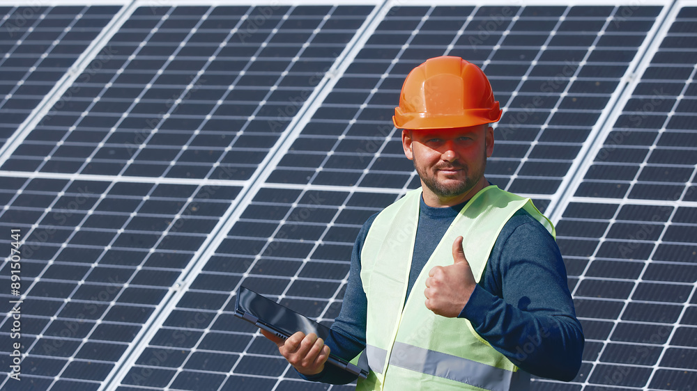 A solar panel service technician checks the operation and efficiency of photovoltaic solar panels and shows the A solar panel service technician checks the operation and efficiency of photovoltaic solar panels and shows the