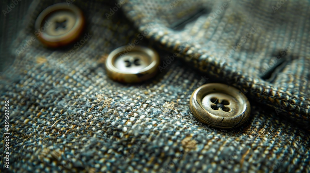 Close Up Macro of Tweed Fabric with Metal Buttons Close Up Macro of Tweed Fabric with Metal Buttons