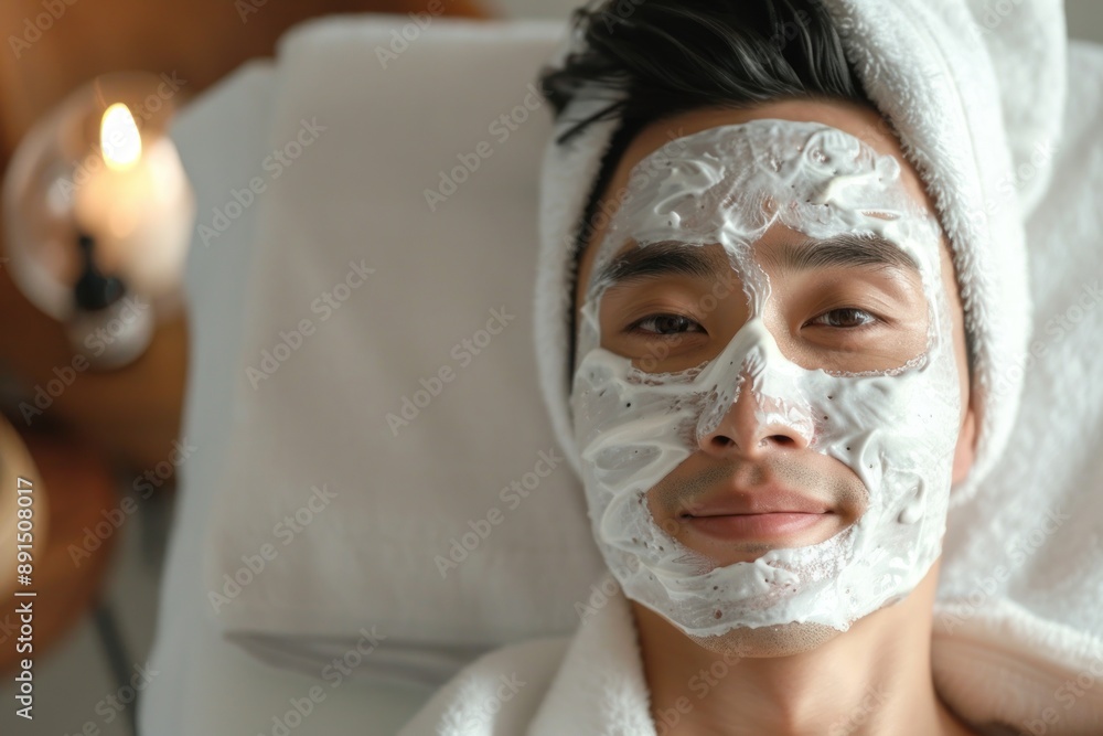 Asian man enjoying skincare routine with facial mask and towel Asian man enjoying skincare routine with facial mask and towel