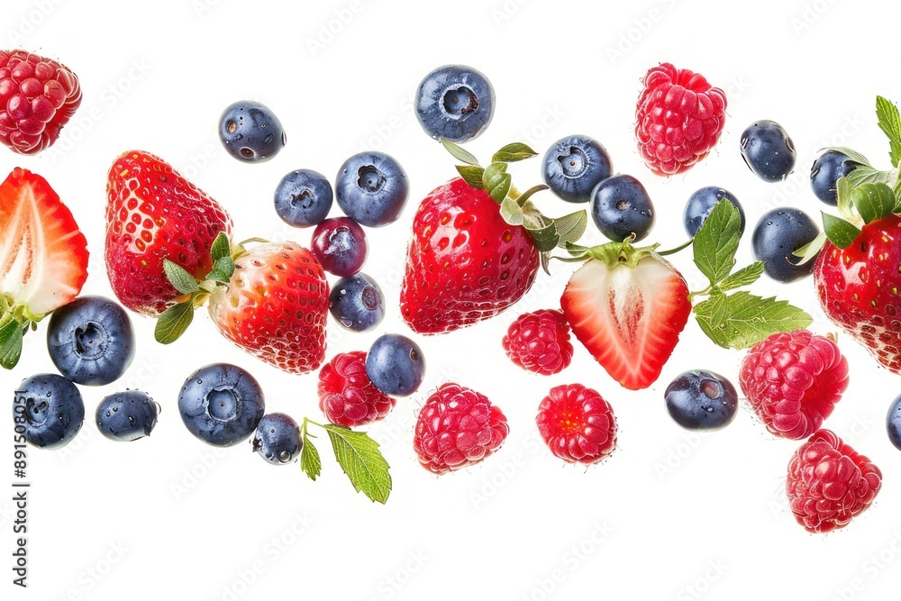assorted fruits, strawberries, blueberries, and raspberries, suspended in mid-air Isolated on white background assorted fruits, strawberries, blueberries, and raspberries, suspended in mid-air Isolated on white background