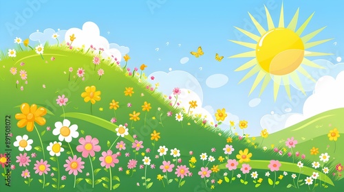 Whimsical Cartoon Hillside with Blooming Wildflowers and Cheerful Sun Overhead