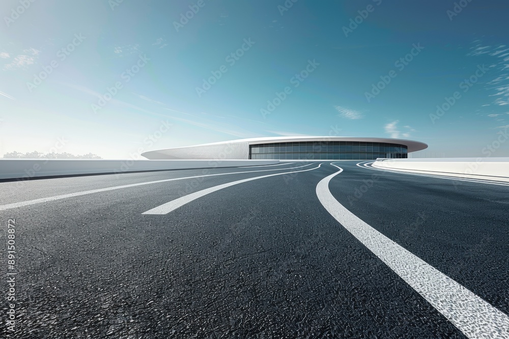 Fototapeta premium Futuristic Modern Architecture with Curved Road Leading to Sleek Building Under Clear Blue Sky