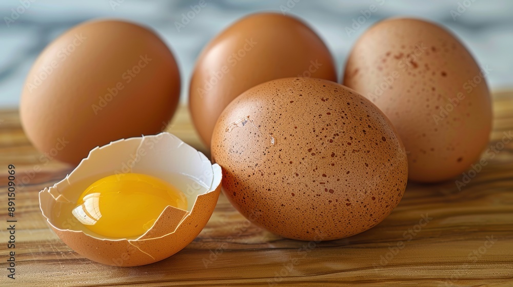 Fresh Brown Eggs on Wooden Surface with One Cracked Showing Yolk in Focus Fresh Brown Eggs on Wooden Surface with One Cracked Showing Yolk in Focus