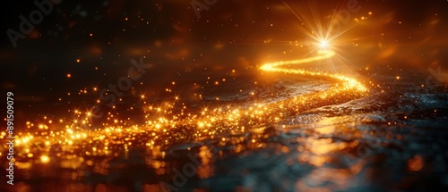 Magical Golden Light Trail on Dark Surface with Sparkling Particles and Glowing Star in the Distance