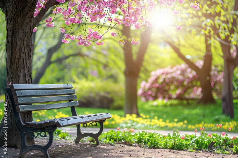bench with blooming flowers in a spring sunny park bench with blooming flowers in a spring sunny park