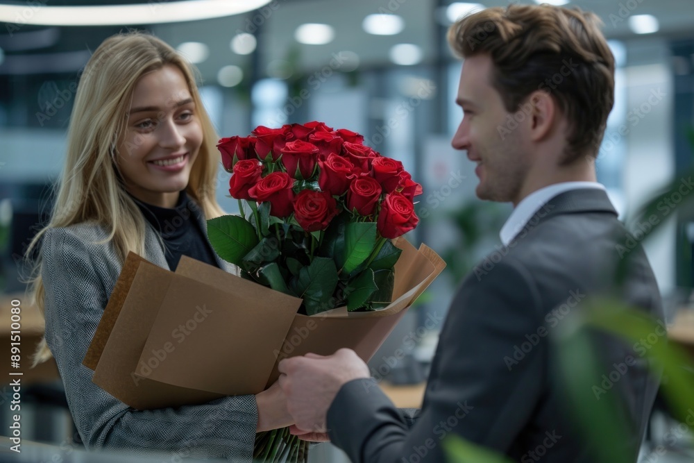 Businessman presents a bouquet of red roses to a female employee in a modern office Businessman presents a bouquet of red roses to a female employee in a modern office