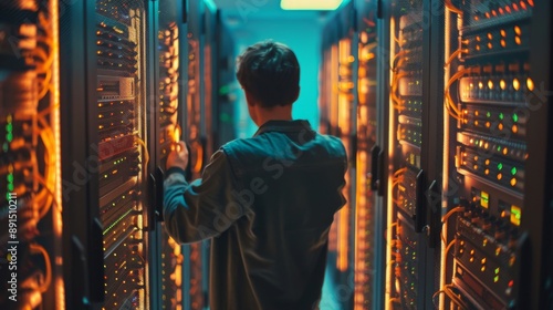 A man commutes wires in a server room. A technician works with server equipment in a data center. photo