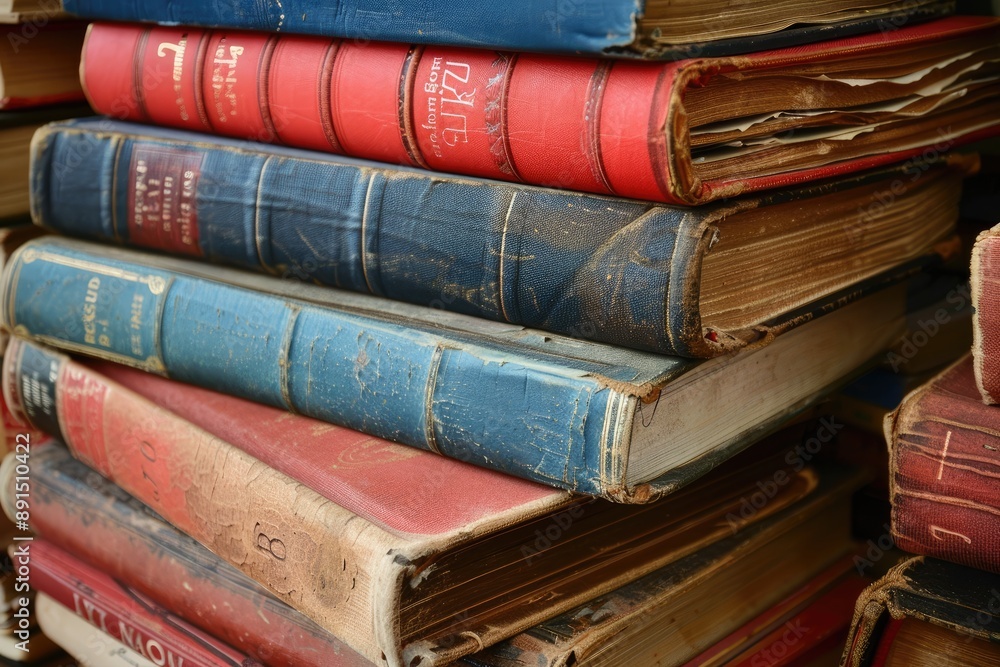 A stack of old books with the top one being red and blue A stack of old books with the top one being red and blue