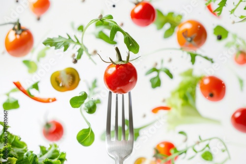 Cherry tomato on a fork in the center of the frame, in the middle of flying salad vegetables Isolated on white background