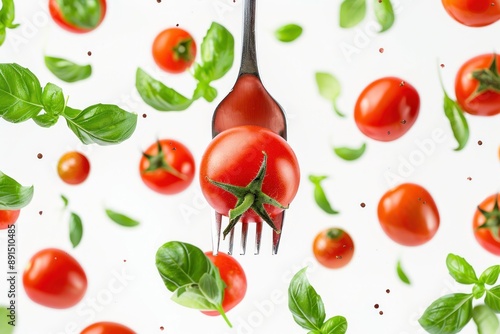Wallpaper Mural Cherry tomato on a fork in the center of the frame, in the middle of flying salad vegetables Isolated on white background Torontodigital.ca