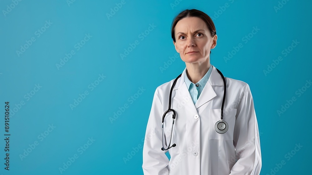 Female doctor in white coat, stethoscope on neck, solid blue background, professional demeanor. Female doctor in white coat, stethoscope on neck, solid blue background, professional demeanor.