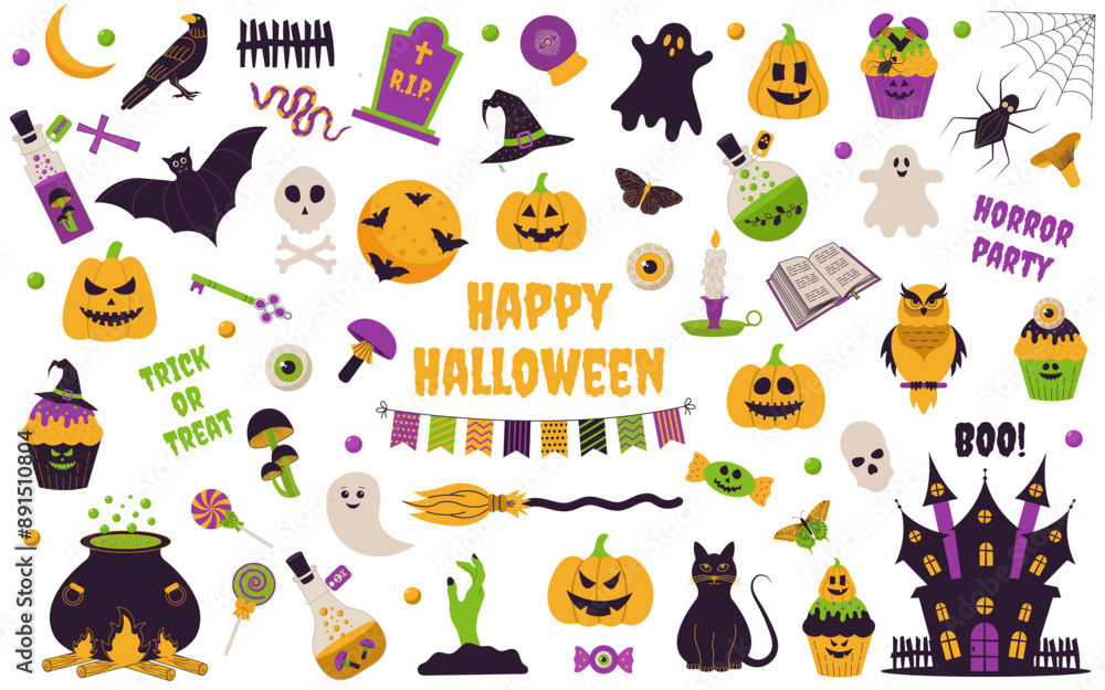 custom made wallpaper toronto digitalHalloween. Set of Halloween elements: pumpkins, castle, candle, bat, candy, ghost, grave, skull, spider, cat, scary, hat, moon, pot, crow, fence, cupcake, spiderweb, eye, poison, owl, book.