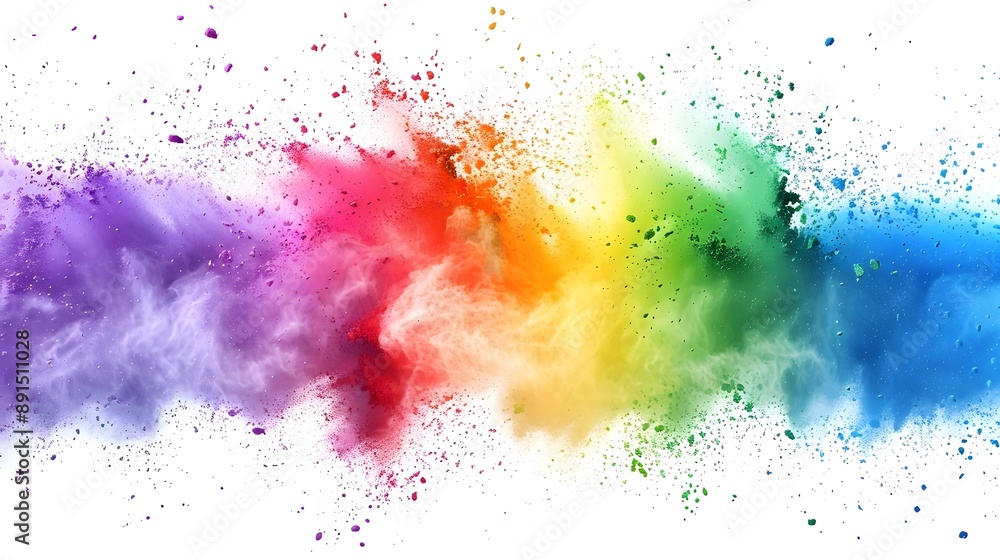Obraz premium rainbow color powder explosion on white background, rainbow colors, vibrant, colorful, rainbow paint splash.
