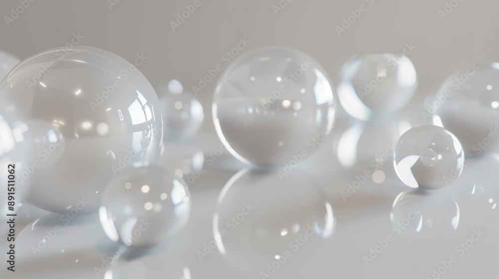 A collection of clear glass spheres arranged in a row A collection of clear glass spheres arranged in a row