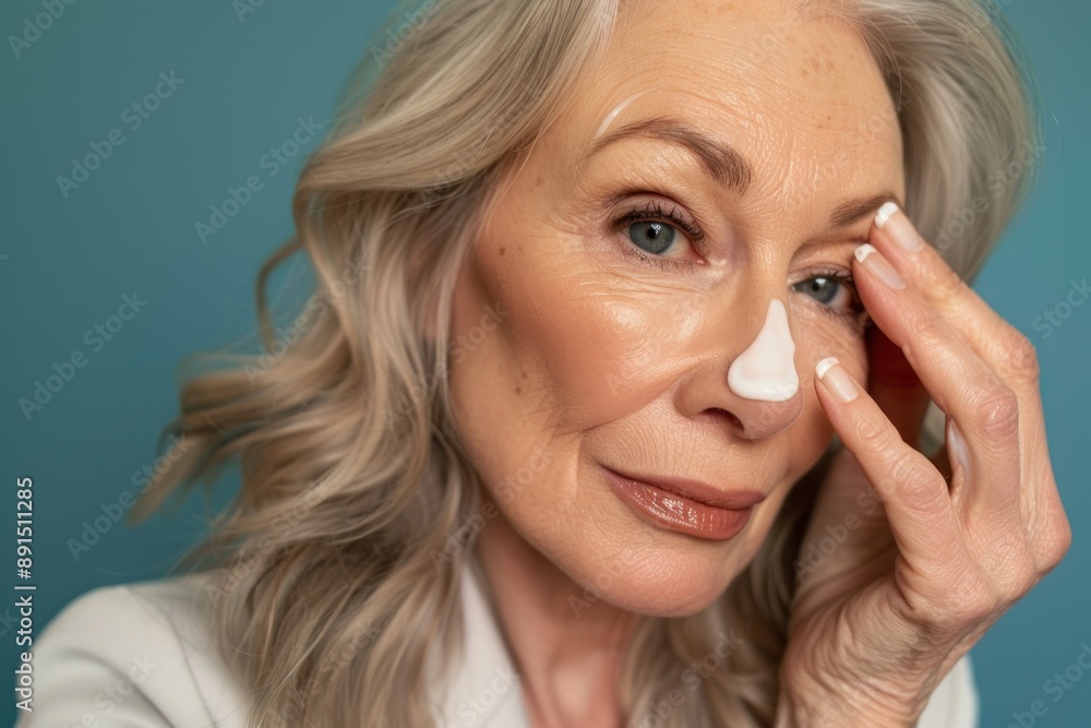 Close up portrait of attractive senior woman with rejuvenating skin care cream Close up portrait of attractive senior woman with rejuvenating skin care cream