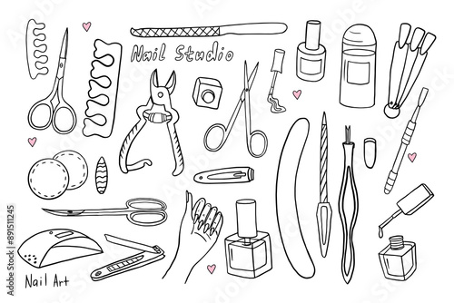 Trendy set of manicure tools. Nail polish, Gel polish, emery board, cuticle scissors, nail brush, nail file, tweezers, nail clippers, LED nail lamp, Toenail scissors. Hand drawn. Nail studio. Doodles