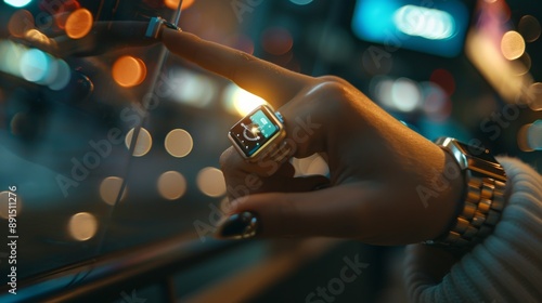 Closeup photo of female hand touching screen generic design smart watch. Film effects, blurred background. Horizontal  photo
