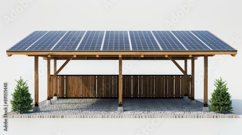 Modern wooden carport with solar panels on the roof, surrounded by two green shrubs, providing eco-friendly and sustainable energy solutions. photo