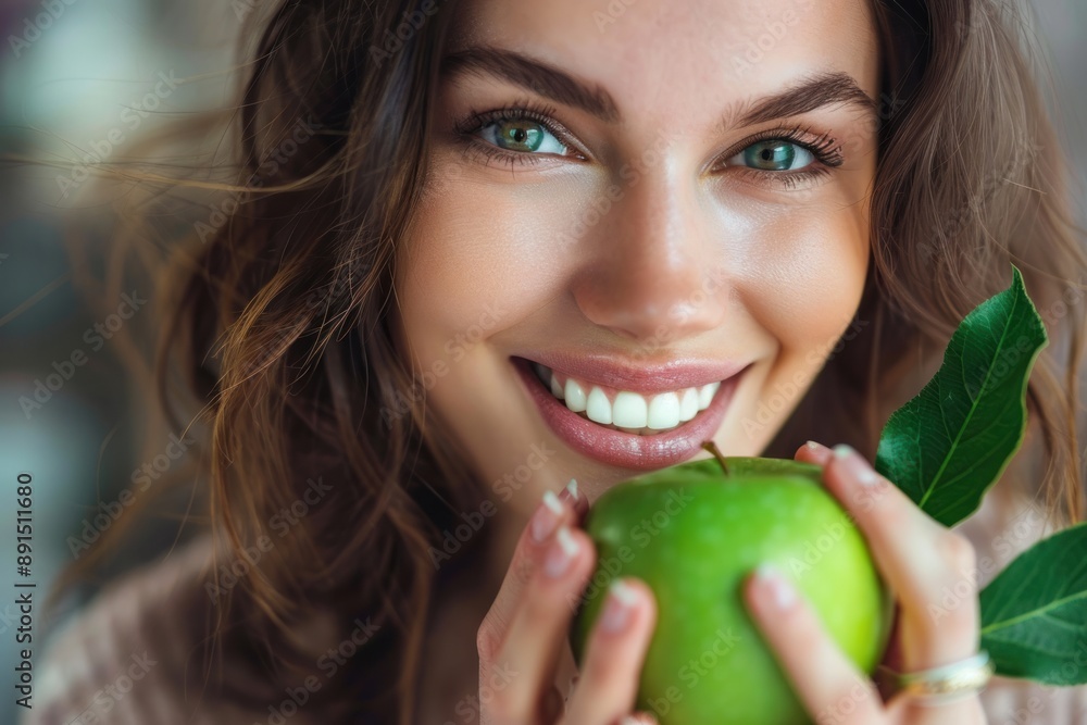 Close up Smiling woman with healthy white teeth holds green apple Close up Smiling woman with healthy white teeth holds green apple