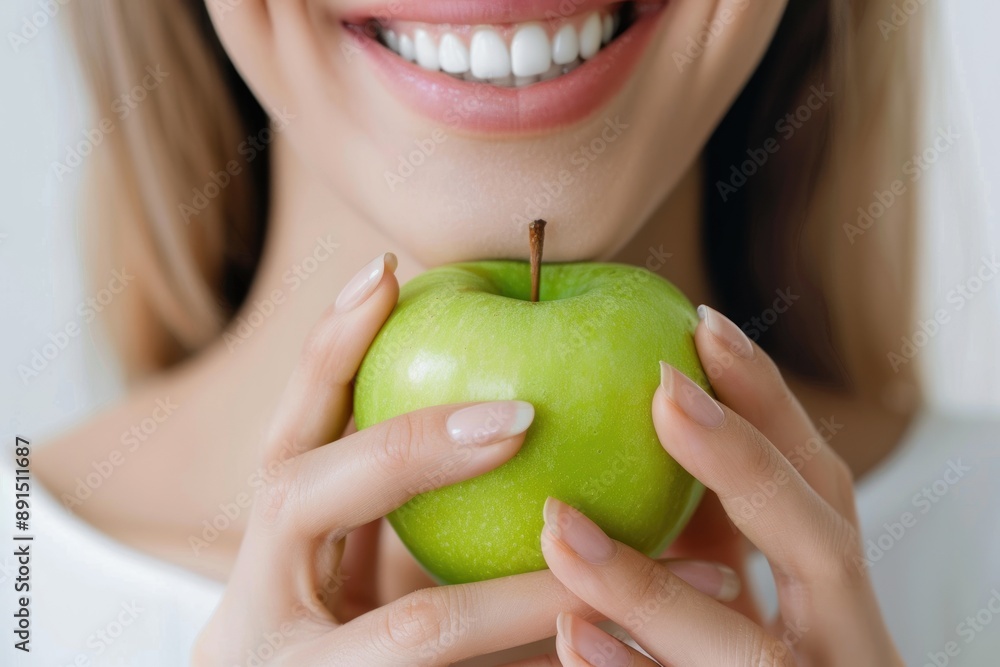 Close up Smiling woman with healthy white teeth holds green apple Close up Smiling woman with healthy white teeth holds green apple