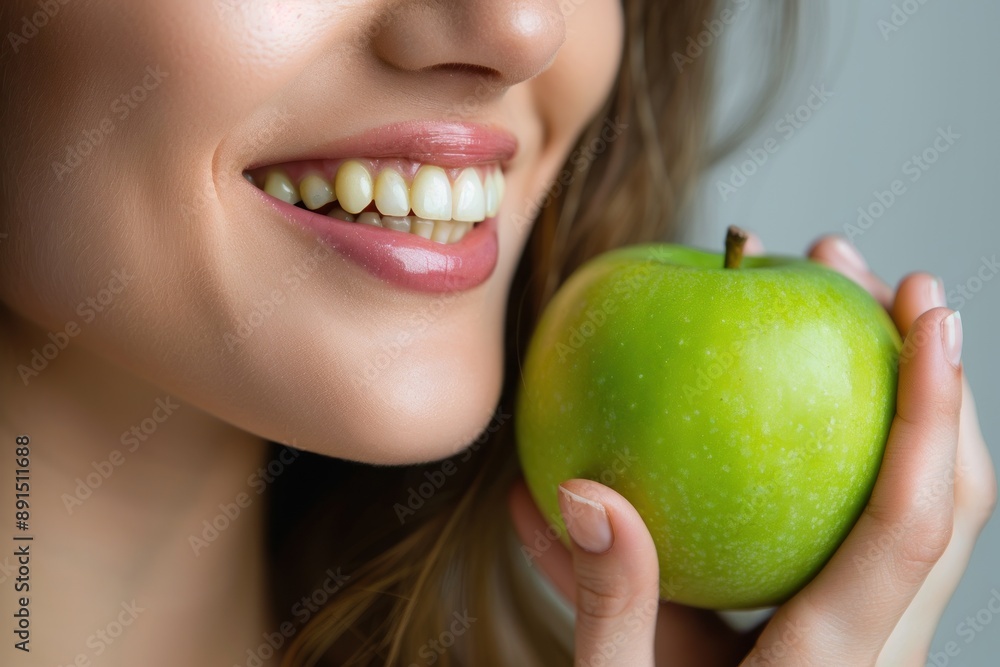 Close up Smiling woman with healthy white teeth holds green apple Close up Smiling woman with healthy white teeth holds green apple