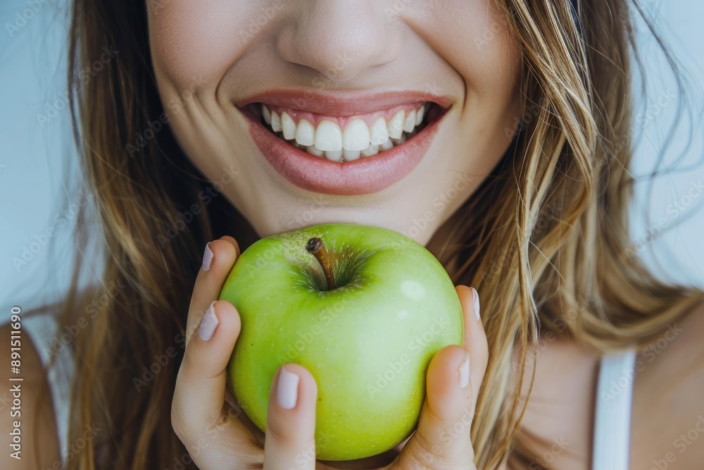 Close up Smiling woman with healthy white teeth holds green apple Close up Smiling woman with healthy white teeth holds green apple