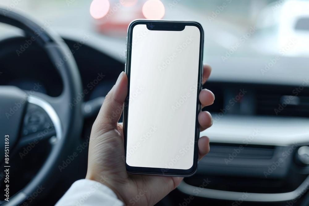 Close-up, hand holding smartphone with empty screen mockup. Car application concept Close-up, hand holding smartphone with empty screen mockup. Car application concept