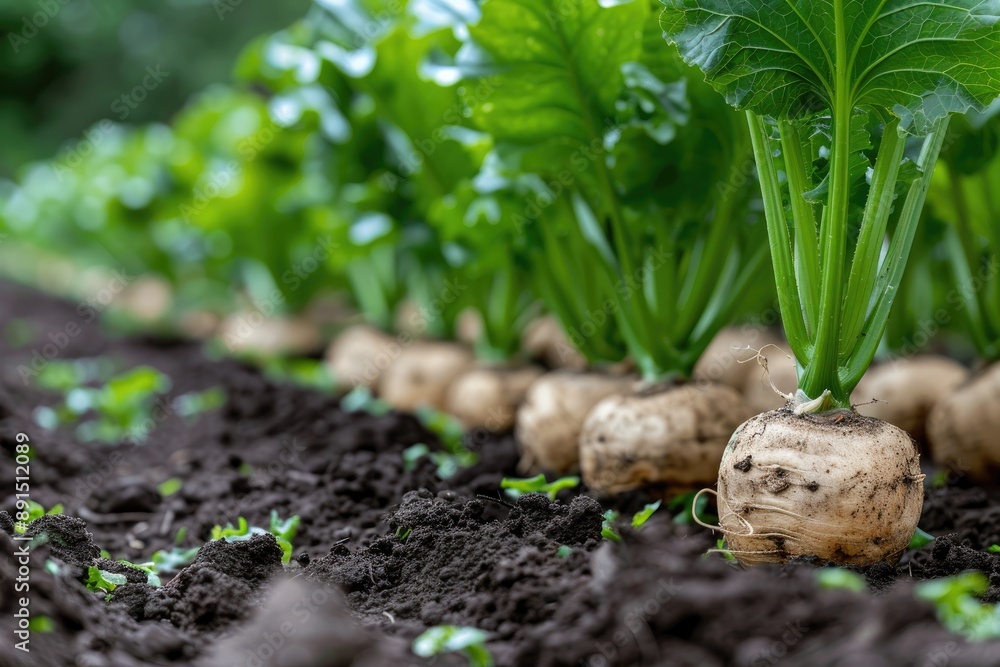 A row of beets are growing in a field. The beets are small and green A row of beets are growing in a field. The beets are small and green